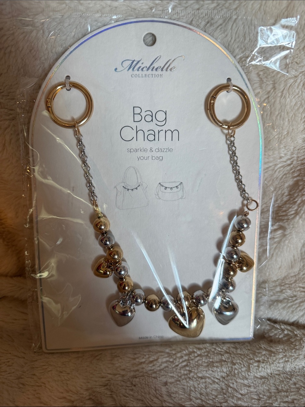 Michelle Collection Heart Bag Charm Mixed Metal Gold Silver Beaded Purse Chain